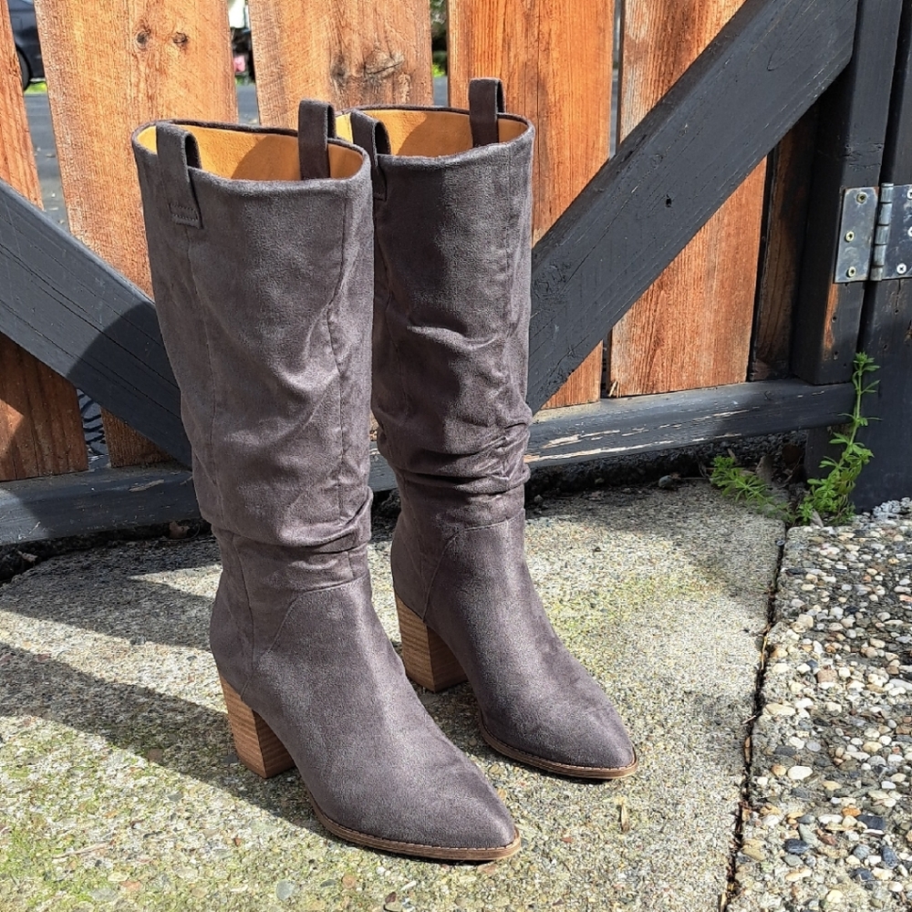Report Gray Suede Mid-Calf Block Heel Boots